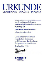 Certifikt ze kolen VCR Grundig - Nrnberg 1990