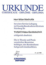 Certifikt ze kolen CRT TV, VCR, SAT Grundig - Nrnberg 1996