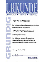 Certifikt ze kolen CRT TV, VCR, SAT Grundig - Nrnberg 1998